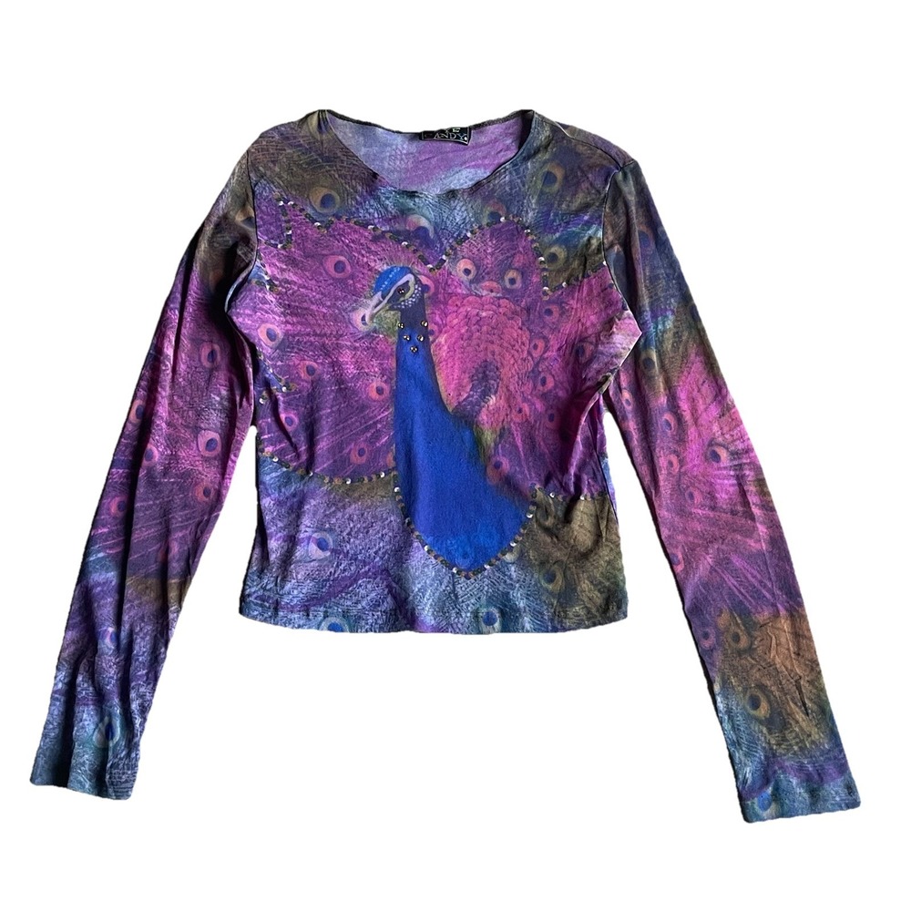 Y2K Sheer Peacock Graphic Mesh Top Womens Small Long Sleeve Fairy Grunge Blouse